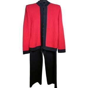 St John by Marie Gray Knit Classic Sweater Jacket/Pants Set Black & Red Sz 12.